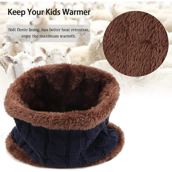 Kids Boys Girls Winter Warm Knit  Beanie Hat Cap Neck Scarf Set with Fleece - Picture 4 of 6